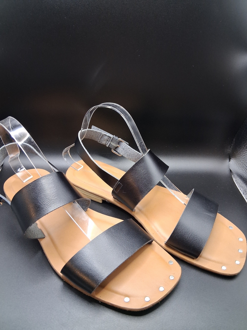 Universal Thread Black Two-Strap Leather Sandals with Tan Footbed